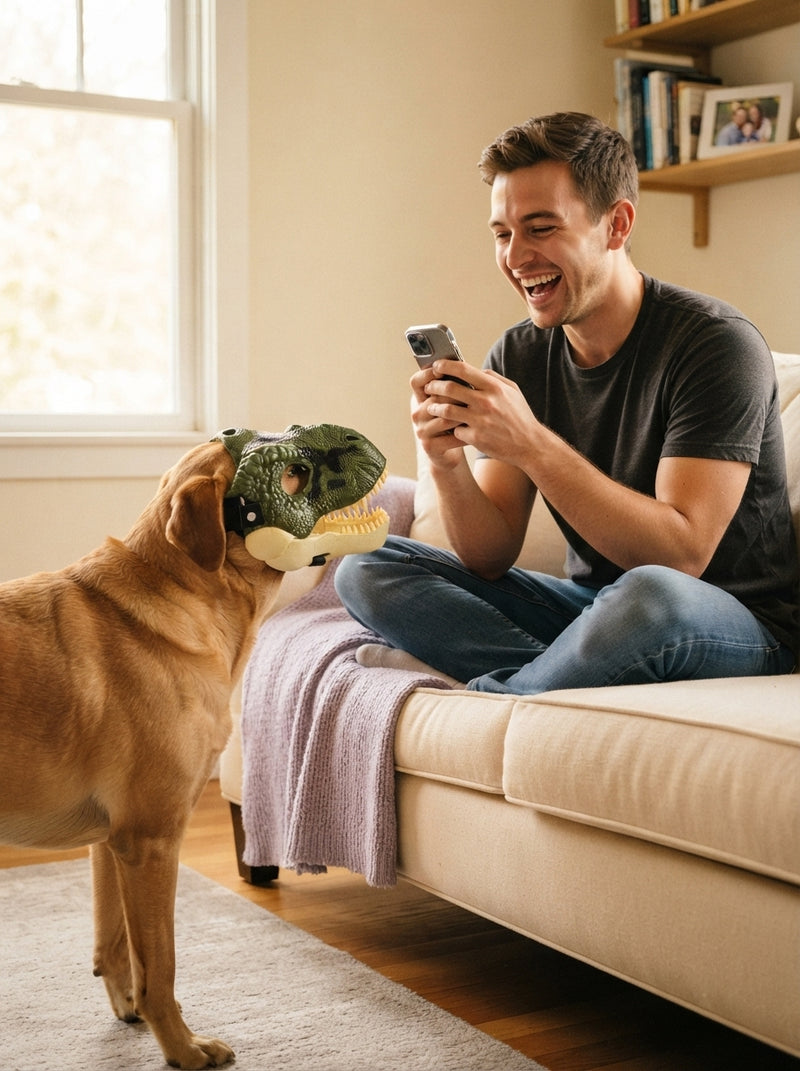 A person filming their dog wearing a dinosaur mask in a living room, capturing a candid and humorous moment.