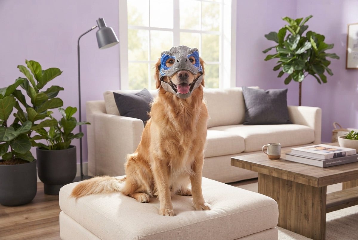 A happy dog wearing a dinosaur mask in a stylish living room with lavender and cream decor.