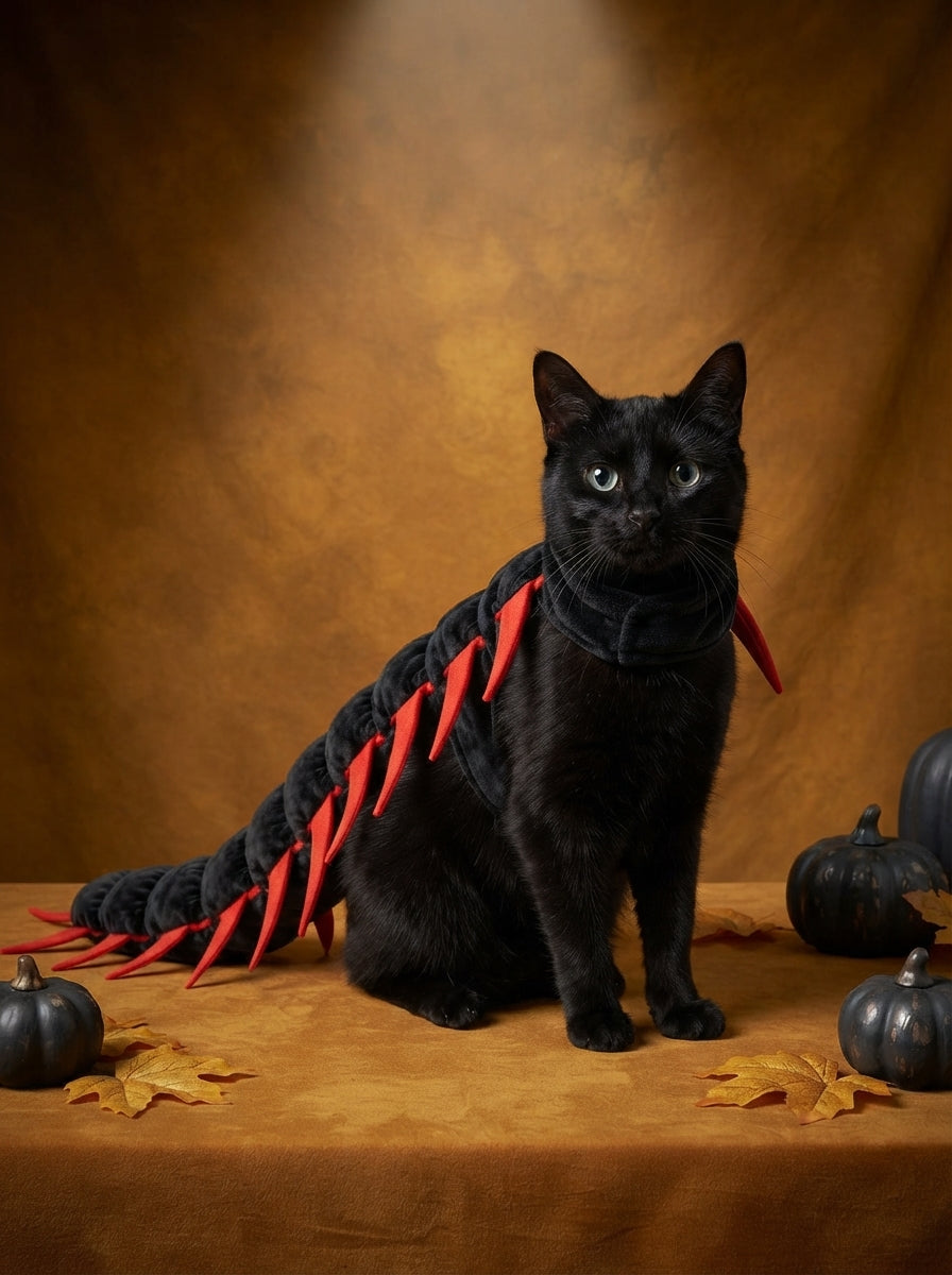 A black cat wearing a detailed black caterpillar costume with red accents, posed against a warm ochre and charcoal background
